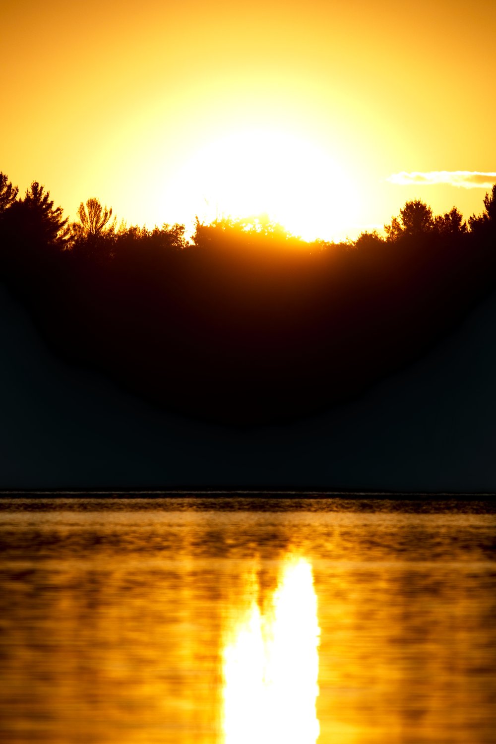 A vibrant and warm sunset or sunrise scene over a body of water. The intense sunlight creates a brilliant, golden reflection path across the water's surface, contrasted by a dark silhouette of trees lining the horizon.